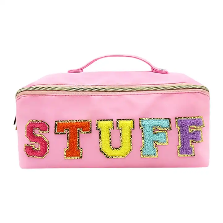 custom logo nylon makeup bag with divider letter patches