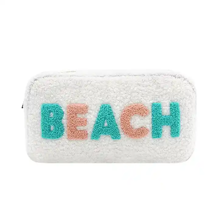 Custom logo Teddy Fleece Make Up Bags Bulk cosmetic bag with letter