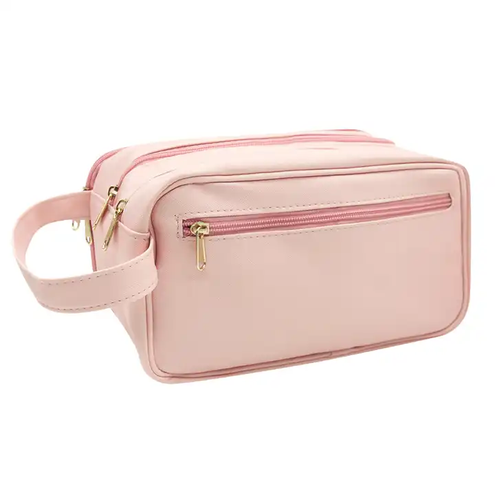 Make Up Bags Bulk travel portable pink custom logo pu leather toiletry bag dopp kit with two zippers and handle
