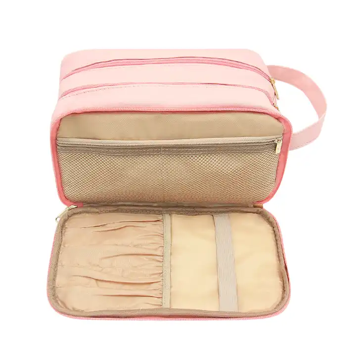 Make Up Bags Bulk travel portable pink custom logo pu leather toiletry bag dopp kit with two zippers and handle
