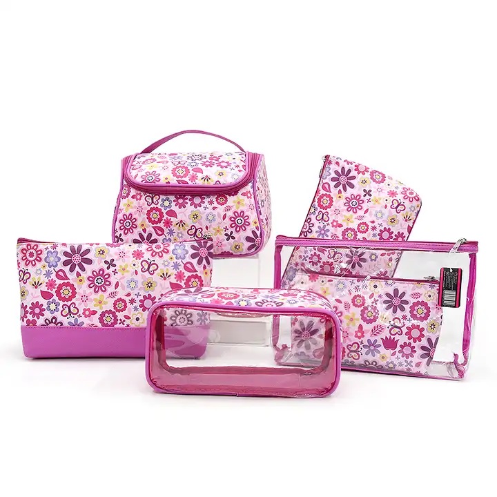 Make Up Bags Bulk logo printed pu leather makeup bag set clear cosmetic bag