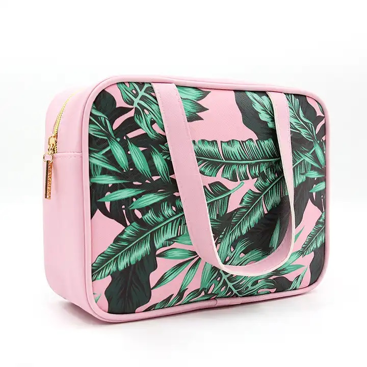 large custom floral logo pink personalized private label womens pu leather makeup bag travel cosmetic bag zipper toiletry bag
