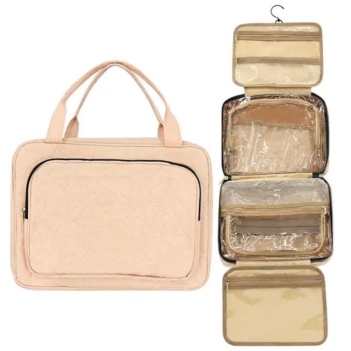 custom logo pu leather hanging toiletry bag with four compartment