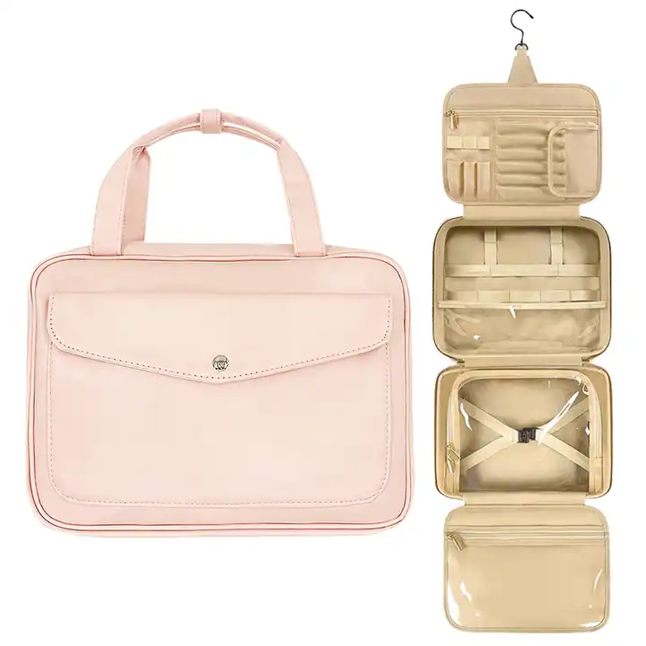 wholesale pink custom logo hanging toiletry bag with handle
