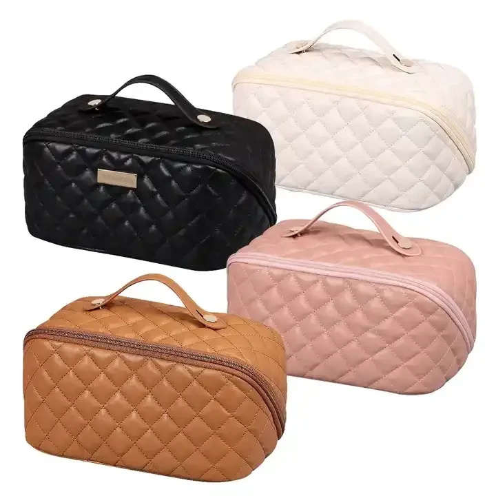 custom logo quilted pu leather cosmetic bag with handle