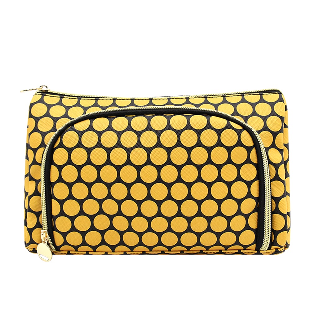 Makeup bag with multi-colored custom patterned surface with pockets