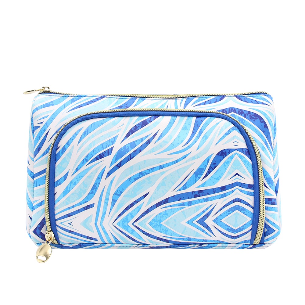 Makeup bag with multi-colored custom patterned surface with pockets