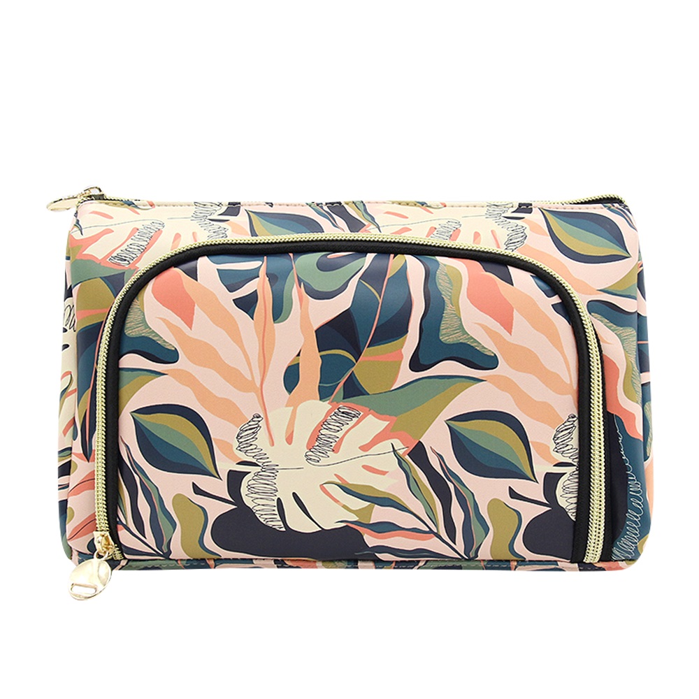 Makeup bag with multi-colored custom patterned surface with pockets