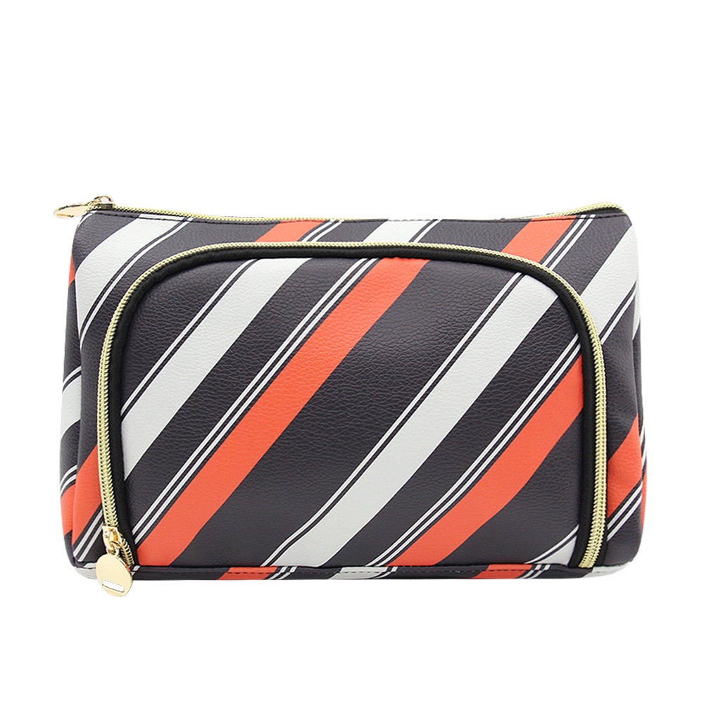 Makeup bag with multi-colored custom patterned surface with pockets