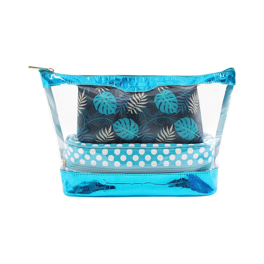Factory direct multi-color custom trapezoidal 3-in-1 transparent makeup bag waterproof toiletry bag set