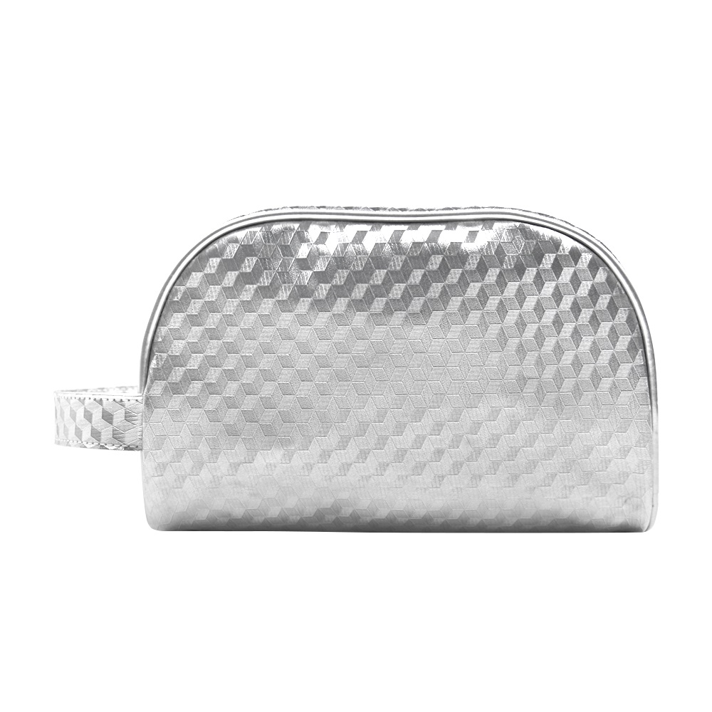 Silver stereoplaid men's glossy leather Makeup Bag Essential Travel toiletry bag with wristband