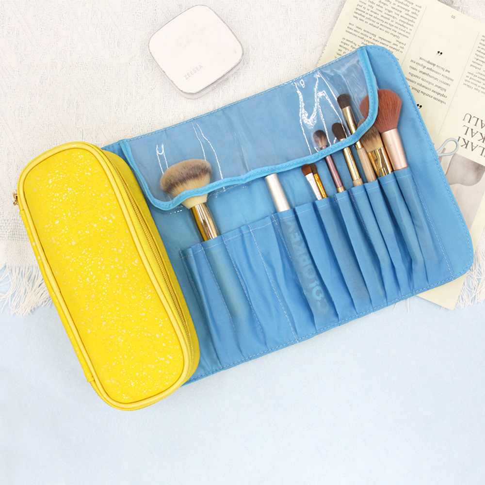 wholesale custom color logo foldable makeup brush organizer bag with zipper pouch