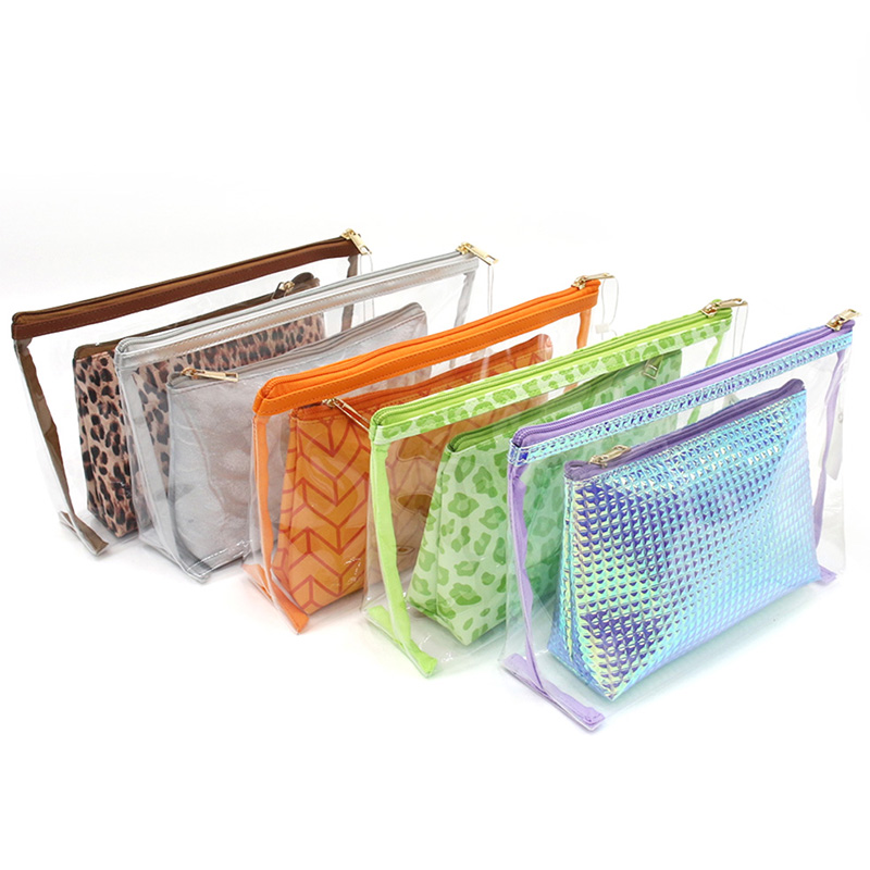 custom design 2 in 1 makeup bag pvc clear waterproof transparent wholesale cosmetic skincare vanity toiletry pouch for women