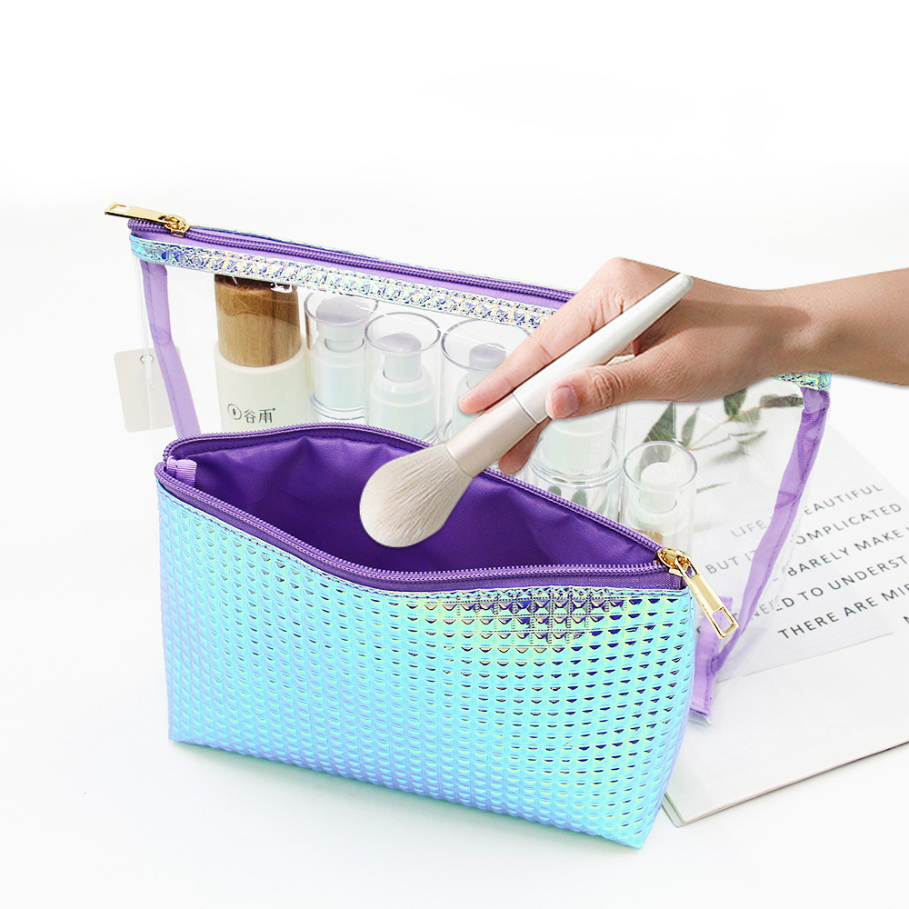 custom design 2 in 1 makeup bag pvc clear waterproof transparent wholesale cosmetic skincare vanity toiletry pouch for women
