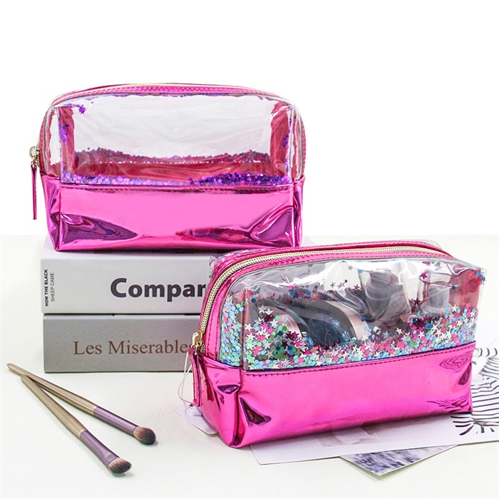 Q&N sequins stitching material transparent light makeup bag