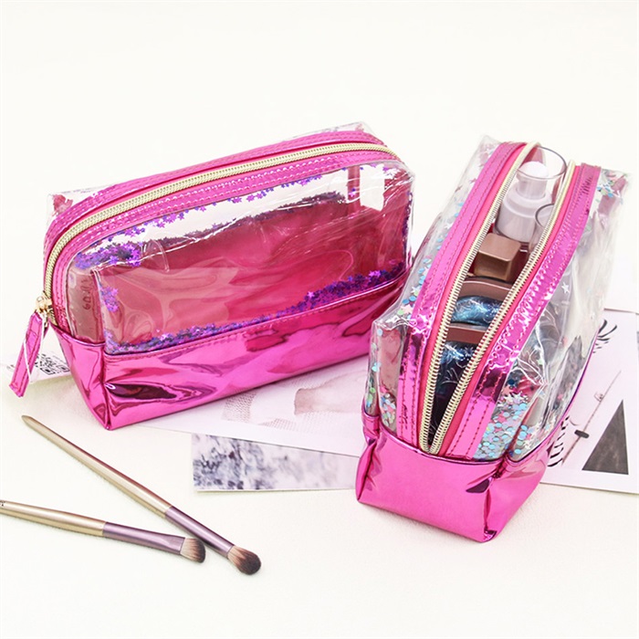 Q&N sequins stitching material transparent light makeup bag