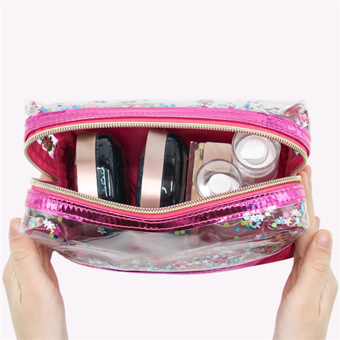 Q&N sequins stitching material transparent light makeup bag